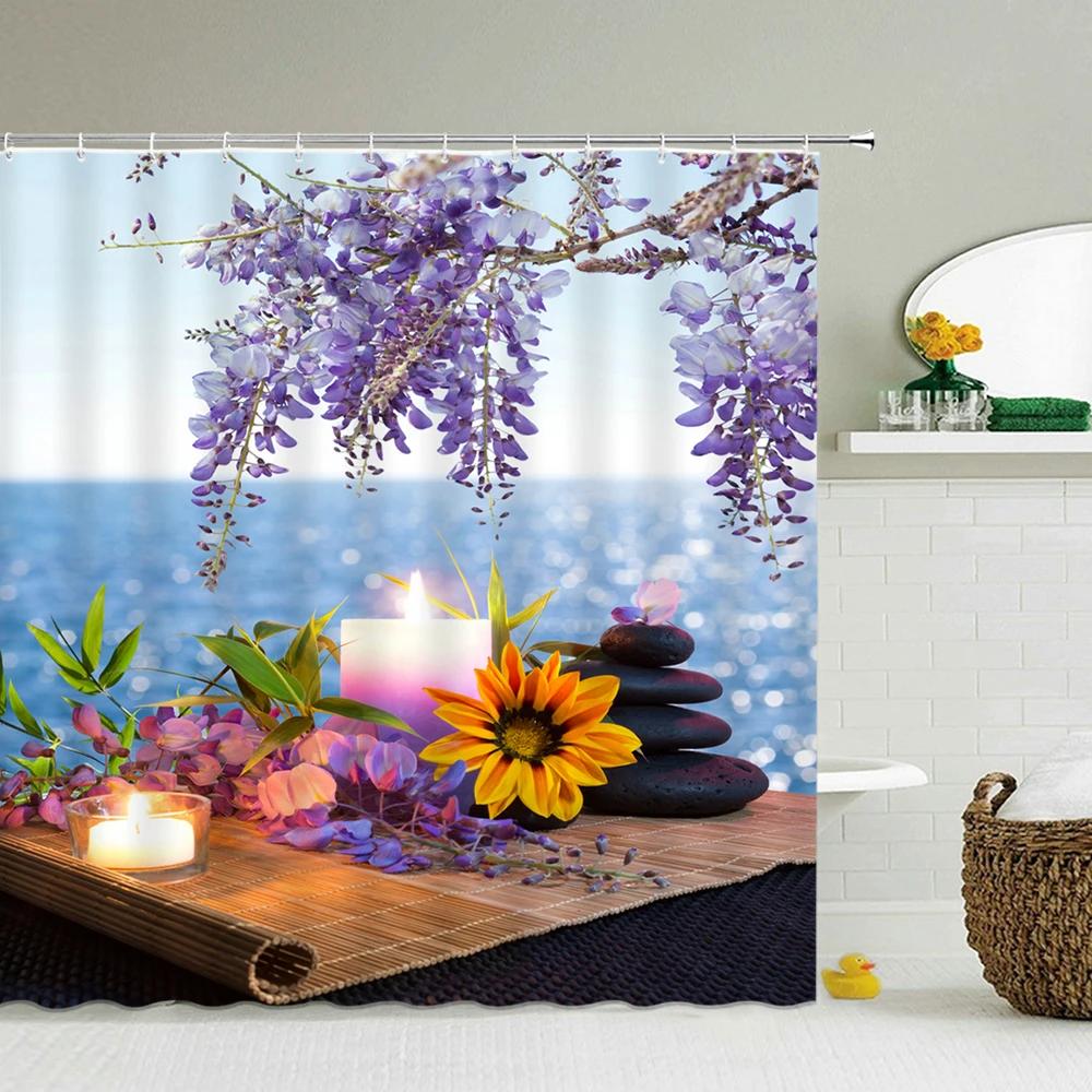 Tenda Doccia Meditazione Pietra Zen Bambù Verde Orchidea Tema Rilassante Spa Tessuto in Poliestere Impermeabile per Bagno Vasca da Bagno
