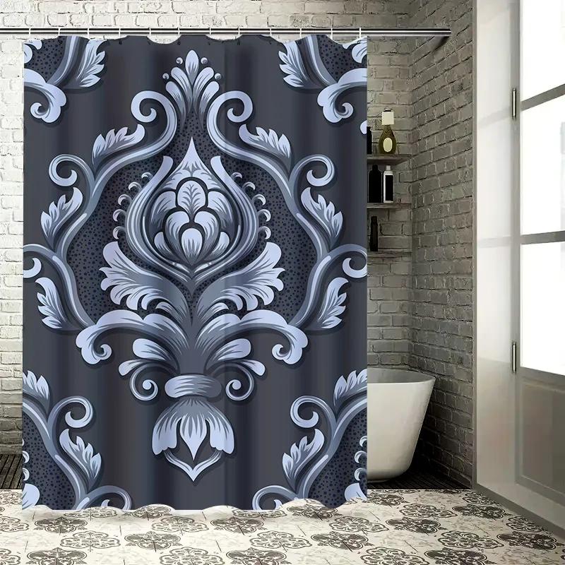 Luxury Damask Shower Curtain Waterproof Decorative Bathroom Accessories for Kids Bathrooms Floral Printed 6 Hooks Set in Blue