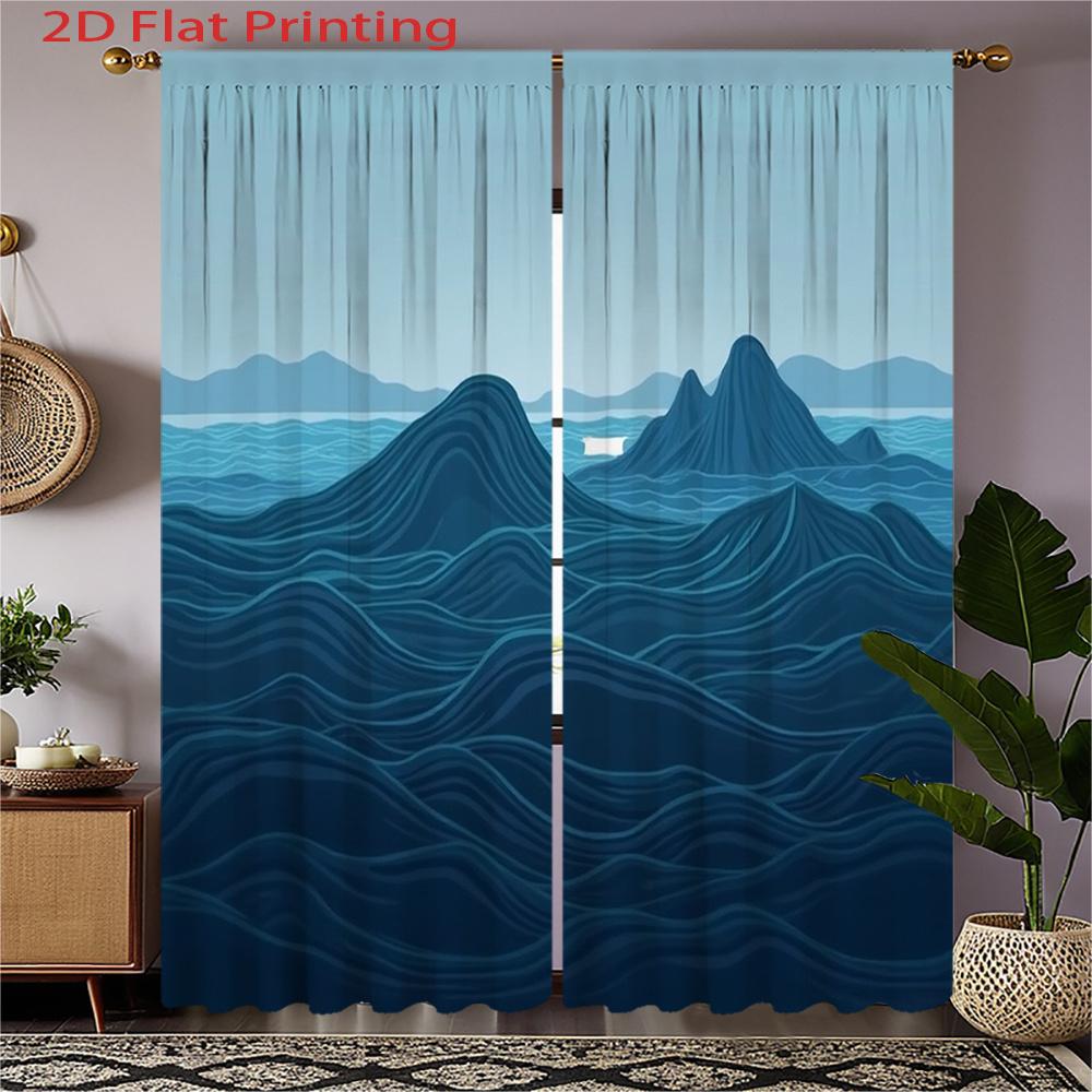 

Комплект из 2 плоских печатных штор Синий узор Волны Океана Тема Темные Морские Волны Полиэстеровая Ткань Полуштора Светофильтрующие W100*H70(CM)-Hooks&1PCS