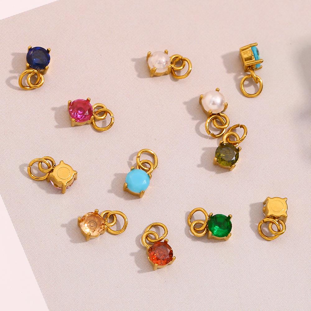 MamacitaSlay Stainless Steel Birthstone Round Charm Earrings Necklace Bracelet DIY Accessories Women's Retro Waterproof Jewelry