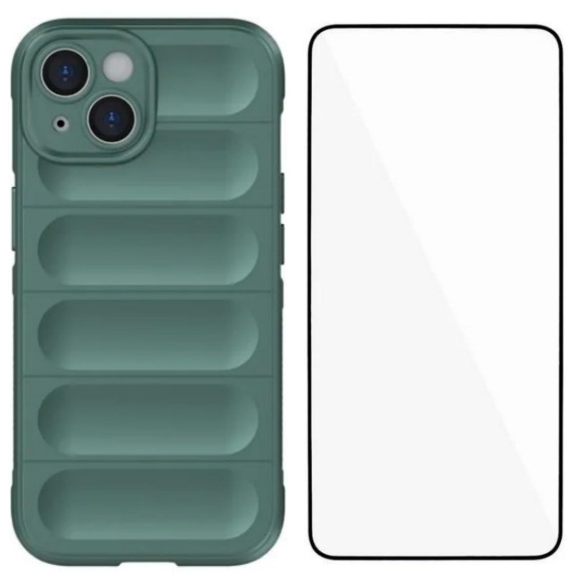 

For iPhone 15 TPU Case WANLONFENG HD Series Anti Slip Phone Cover with Tempered Glass Army Green