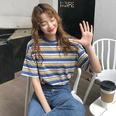 2021 Sommer Damen Koreanisch Gestreift Lässig Locker Kurzarm T-Shirt