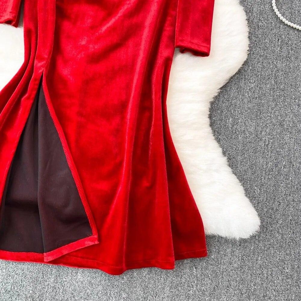 Autumn Winter Luxury Pearls Necklace Velvet Mermaid Dress Women's Stand Long Sleeve Sparkling Sequins Split Wedding Party Robe