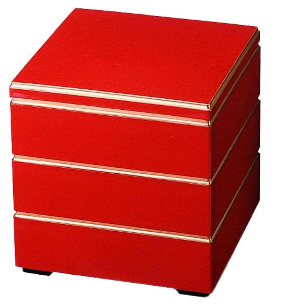Outdoor Lunch Box Made in 3 Arakura Red Rimmed with x x J-kitchens (Bento Box) Japan, Tiers, 8-inch, Pattern, Gold, 23.9cm 23.9cm 19.2cm