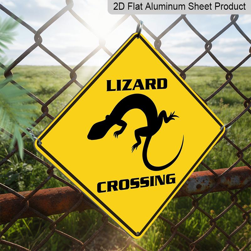 2D Flat 1pc, Lizard Crossing Warning Sign - Heavy-Duty Metal Yellow Lizard Caution Sign with Black Lizard Silhouette, Wall-Mounted for Fence, Yard