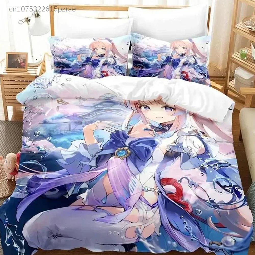 Anime Genshin Impact Sangonomiya Kokomi Bedding Set Printed With Pillowcase Bed Duvet Cover Soft Queen King Size Bedclothes Home
