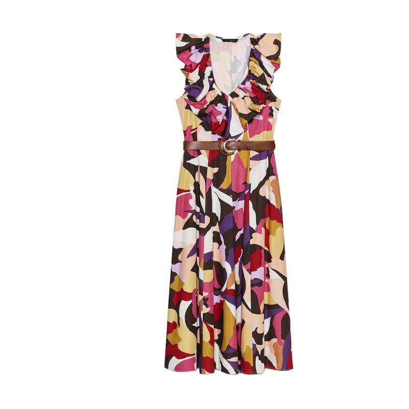 Fall Women's Clothing Ruched Decoration with Belt V Neck Vacation Style Print Poplin Midi Skirt Dress 5029172