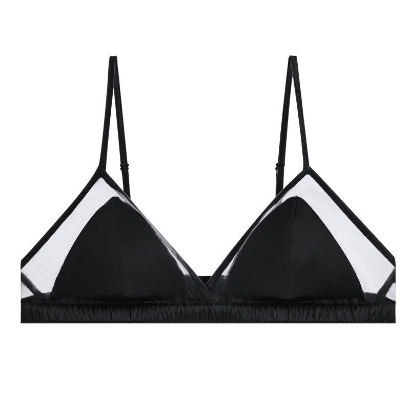 Silk satin rimless bra, thin breathable mulberry silk glossy French underwear, removable chest pad S чёрный