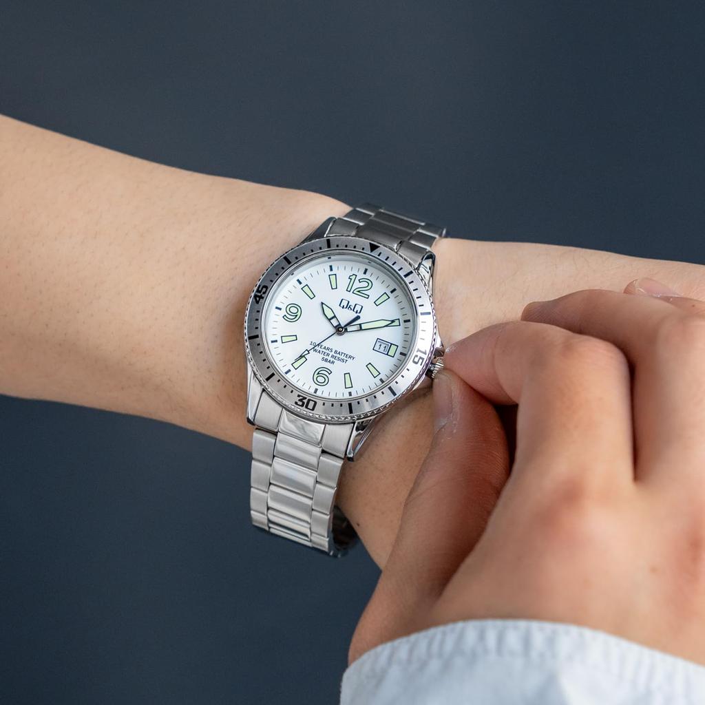 Citizen Analog Baterie Datum Kovové Bílé Q&Q Pánské hodinky, 10letá životnost, Vodotěsné, Displej, Řemínek, A24A-004PK,