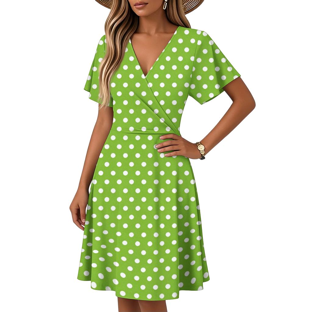 Women’s Flare-Sleeve Short-Sleeve Casual Dress Polka-Dot Printed V-Neck Dress