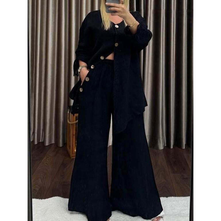 Cotton Linen Irregular Button Shirt Set Women Spring Autumn Casual Loose Retro V-Neck Cardigan + Wide-leg Long Pants 2piece Set