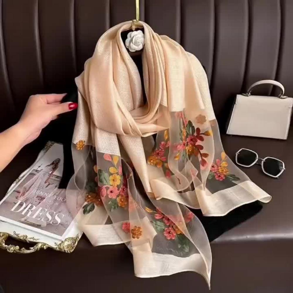 And Autumn New Bead Spring Simulation Silk Scarf Female Elegant Versatile Embroidered Begonia Flower Long Scarf Summer Sunscreen Scarf