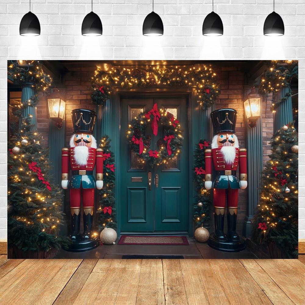 Winter Christmas Photography Backdrop Christmas Toy Wooden Door Nutcracker Garland Family Kids Portrait Photoshoot Background