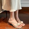 Fashion Women Sandals 2025 New Party Buckle Strap Pearl Sandals Women Floral Square Toe High Heels Shoes for Women Sandalias De Mujer
