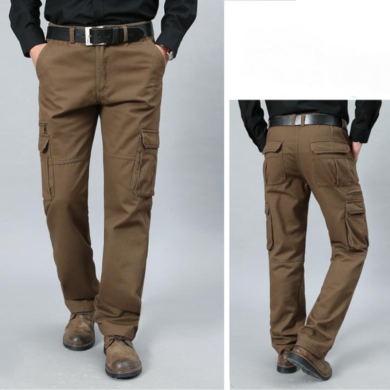 Pánské volné rovné kalhoty nadměrné velikosti, ležérní cargo dlouhé kalhoty s více kapsami, celoroční, čistá bavlna, střední pas, hluboký rozkrok, pro střední věk a seniory
