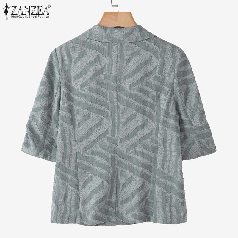 ZANZEA Women Casual Notched Lapel Loose 3/4 Sleeve Print Cardigan Blouse
