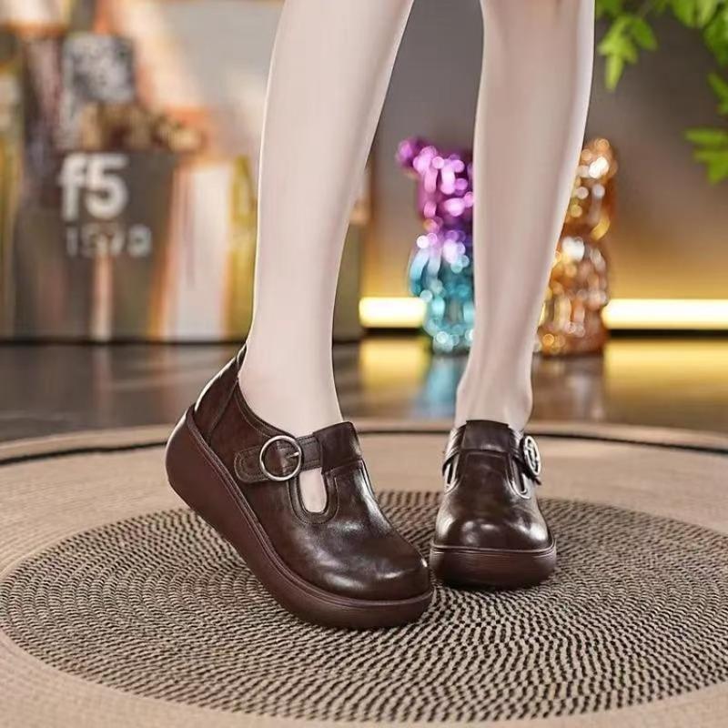 Medium Heel Women's Shoes Autumn New Round Head Soft Sole Casual Retro Single Shoes T-shaped Shoes