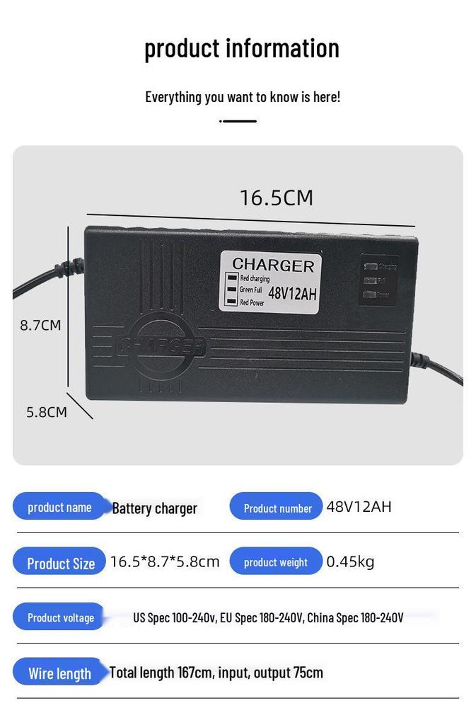 48V 12AH Smart Three-Stage Lead-Acid Battery Charger for Electric Scooters