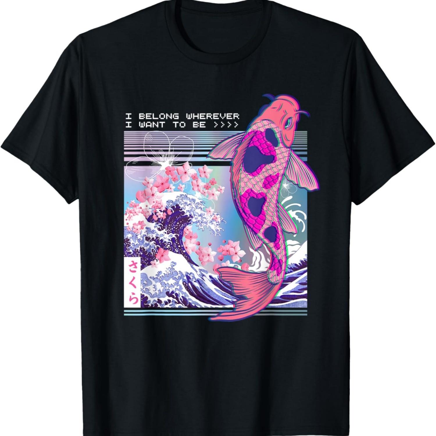 Vaporwave  Koi Sakura Cherry Blossom Nishikigoi Fish T-Shirt(5) S чёрный