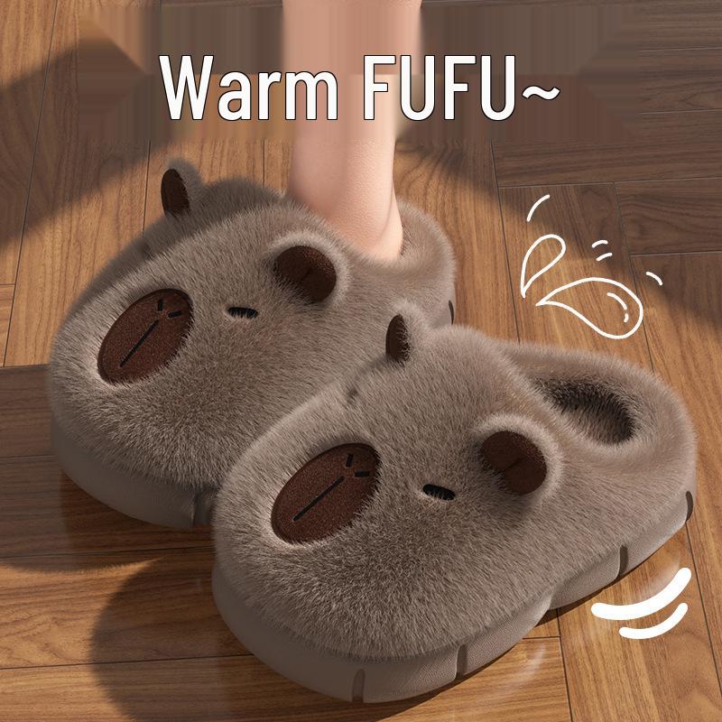 Damskie Kapibara Pluszowe Bawełniane Kapcie na Grubej Podeszwie - Antypoślizgowe, Ciepłe, z Zakrytymi Palcami Obuwie Zimowe do Wewnątrz/Na Zewnątrz