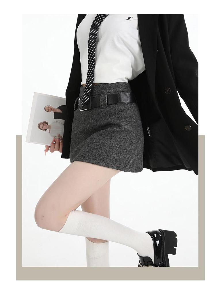 Plus Size Gray Woolen High Waist A-line Skirt for Spring/Autumn