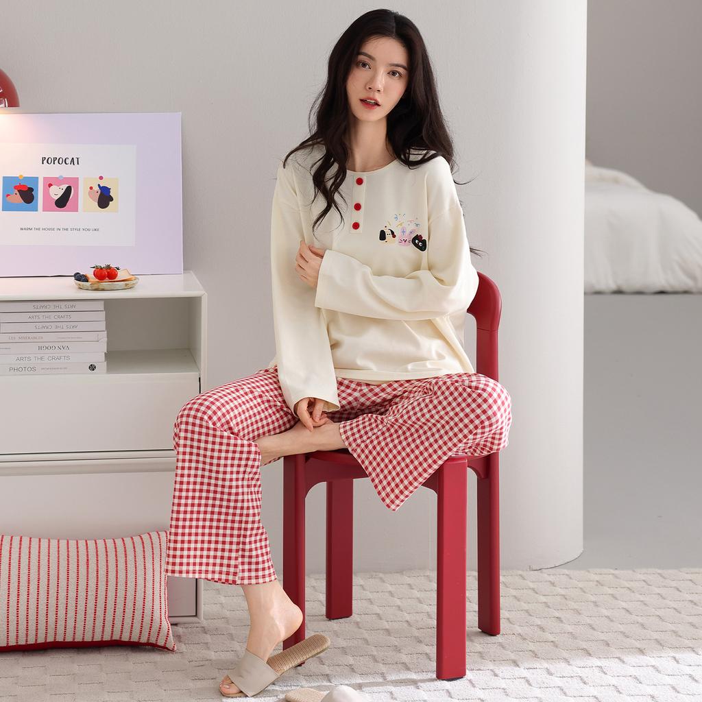 Pajamas Women's Spring and Autumn 1011 New Cotton Long-sleeved Trousers Set Cartoon Cute Plaid Casual Loungewear