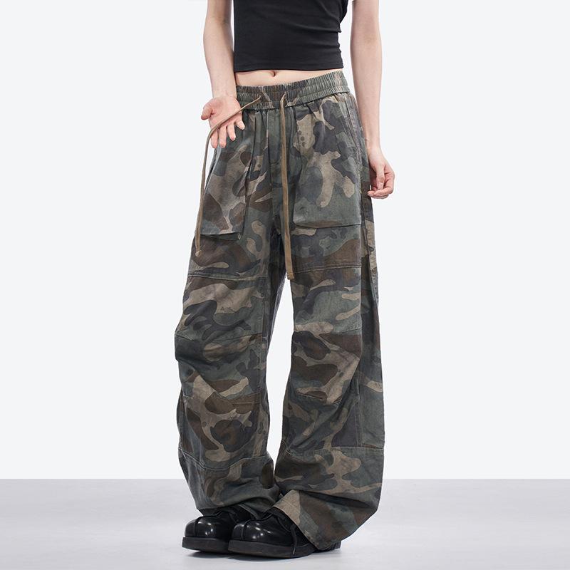 Trendy brand retro American camouflage overalls spring and autumn short sleeves loose straight pants street thin wide casual pants