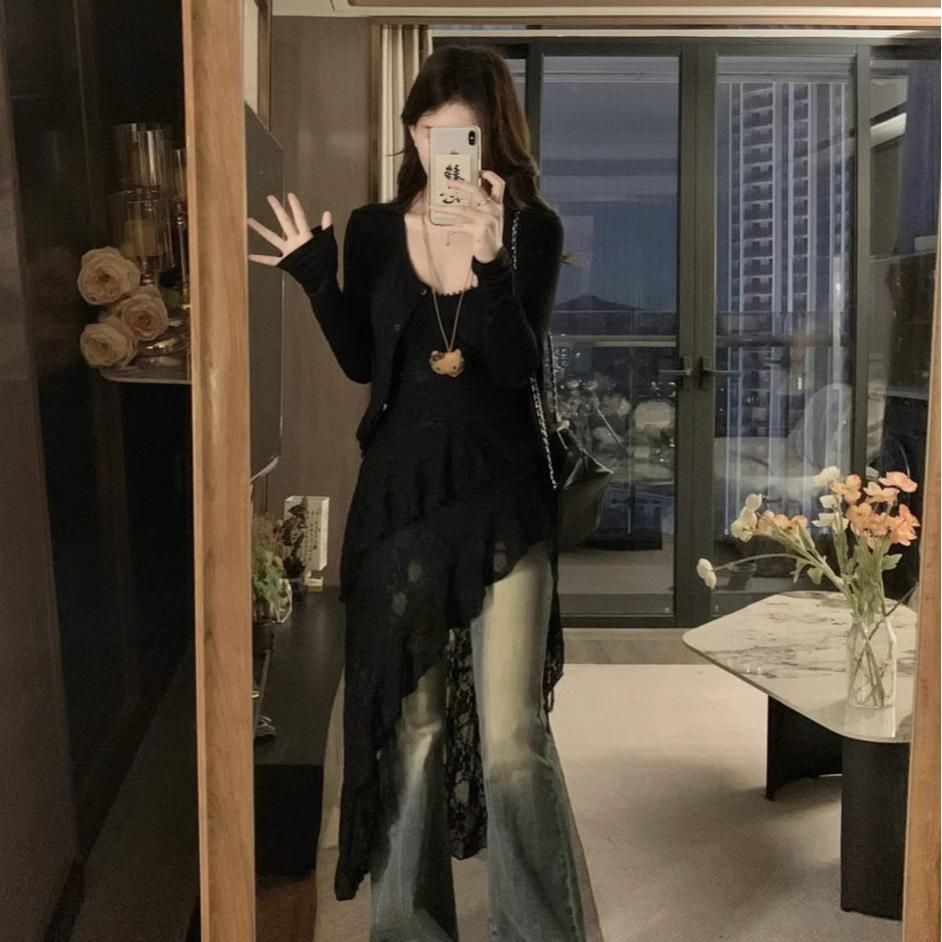 Large Size Hepburn Style Lace Dress Women's Summer Irregular Split Suspender Skirt Fat MM Belly Covering Thin Skirt