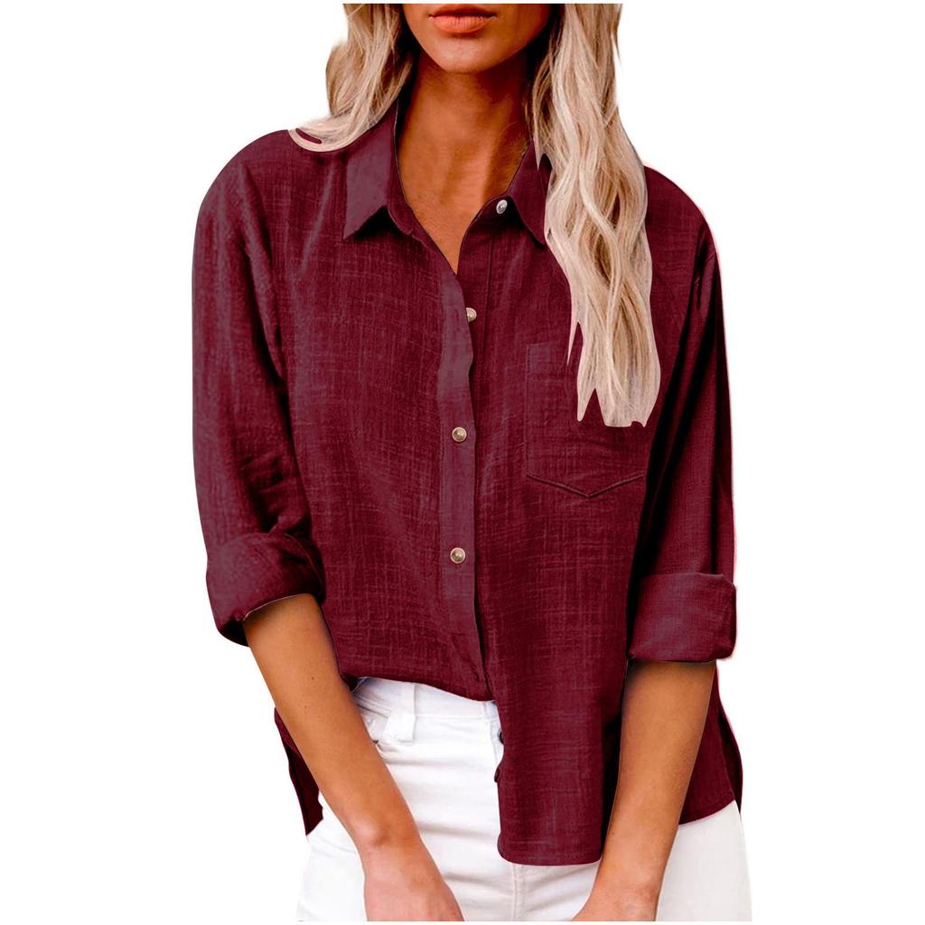 Autumn Pocket Slit Long Sleeve Women's Cotton Linen Shirt