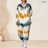 Women Plus Size Printed Nurse Scrub Set V Neck Long Sleeve Top With Pockets Long Pants Two Piece
