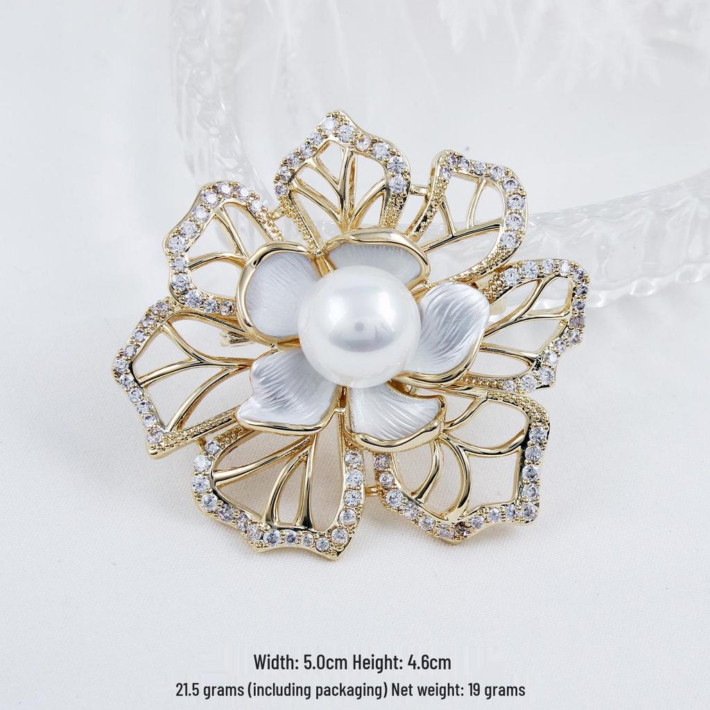 High-End Zircon-Inlaid Camellia Pearl Brooch for Women – Elegant Anti-Exposure Corsage Pin