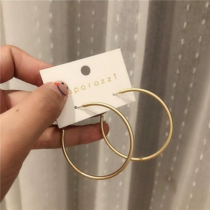 Корейские текстурированные полые большие серьги-кольца - Серебряная игла, массивные свисающие серьги