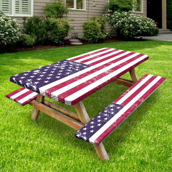 Picnic Table Cover Set American Flag Fitted Table Cover with 2 Bench Covers Waterproof Windproof Tablecloth with Elastic Edges for Outdoor Camping