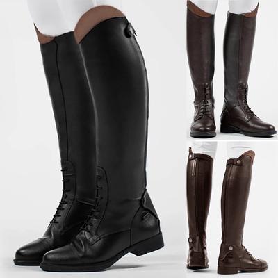 (Cilili)Women Winter Warm Punk Neutral Med Heels Boots Cool Retro Slip On Riding Shoes