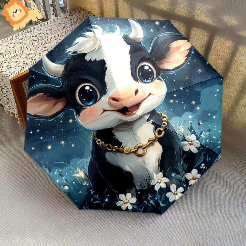1 Stück Automatischer Faltregenschirm - Niedliches Kuhmuster, Tragbares & Faltbares Design mit 8 Speichen, Weihnachts-Geburtstagsgeschenke
