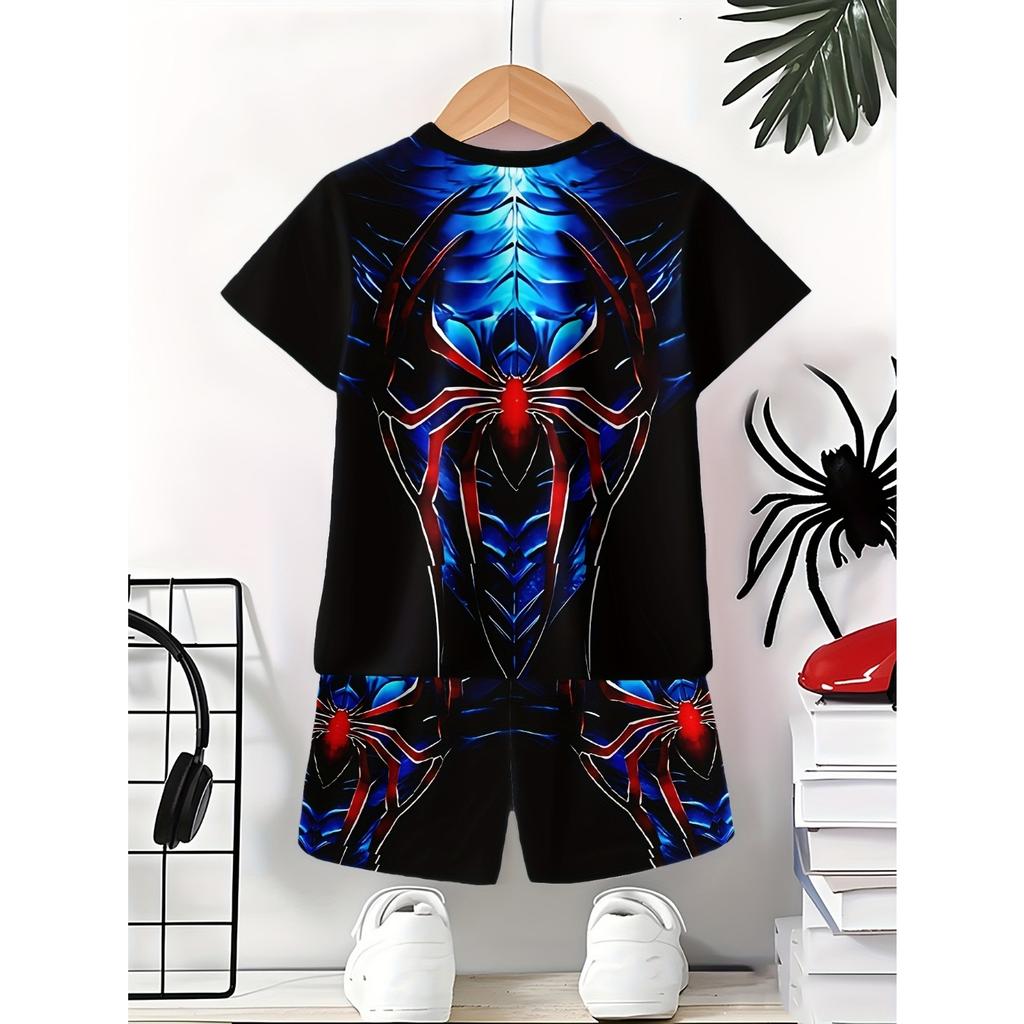 Boys' 3D Print Casual T-Shirt and Shorts Set - Vibrant Spider Graphic, Red Blue Design, Breathable Polyester, Regular Fit Short Sleeve