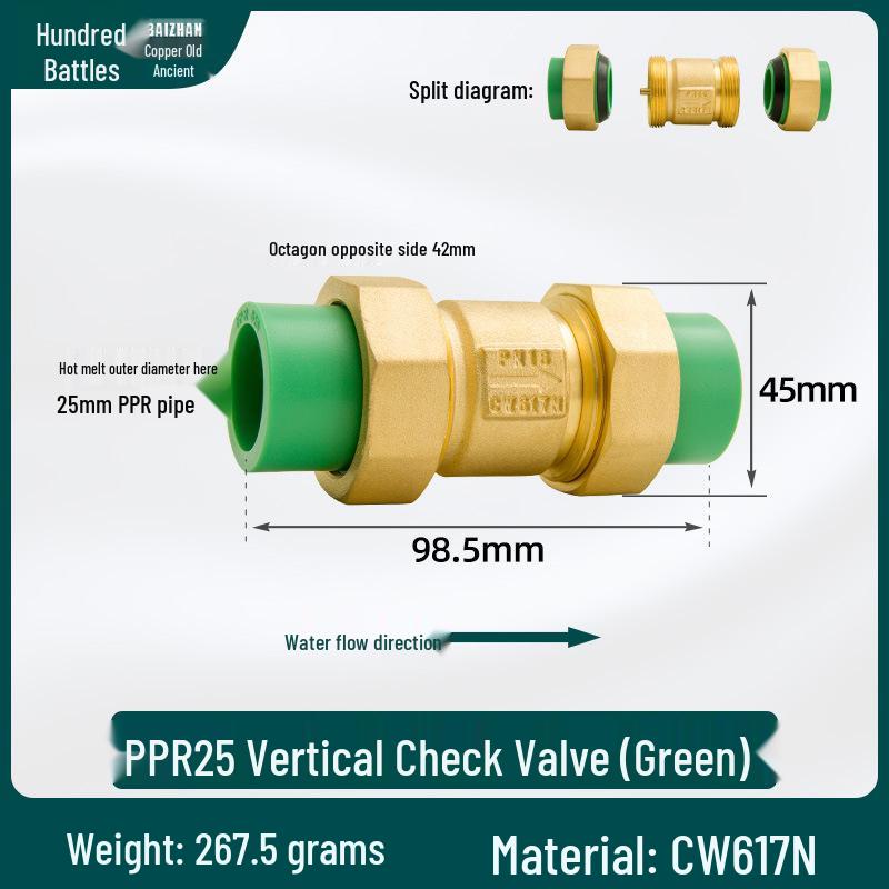6/4 PPR Hot Melt Full Copper Check Valve, Horizontal/Vertical, 1-Inch Double Union, One-Way Tap Water Pipe Valve.