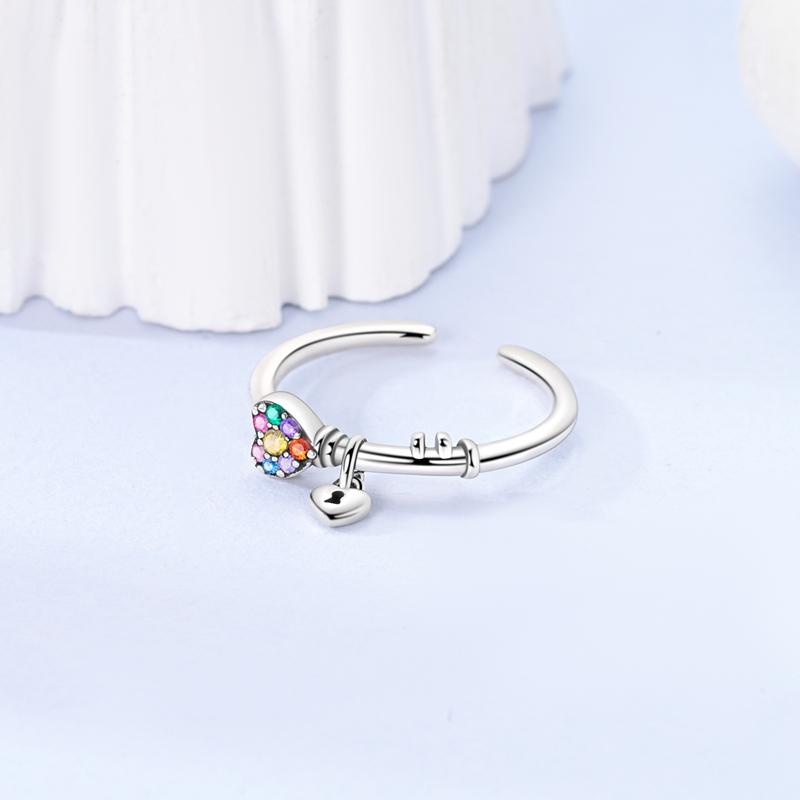 Original 925 Sterling Silver Sparking Heart Shape Lock Open Rings For Women Girls Jewelry Birthday Anniversary GiftsGood product
