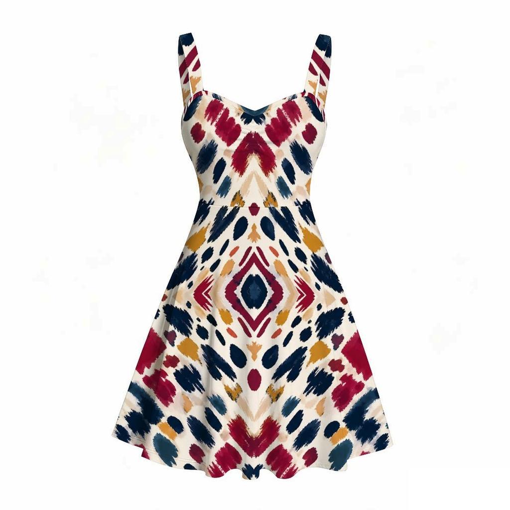 Women Plus Size Strappy Off Shoulder Sleeveless Square Neck Dress Printed Off White Blue Beige Fitted Waist Flared Hem