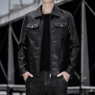 Autumn and Winter Lapel Casual Men's Leather Jacket Business Thin Zipper Leather Jacket Men's PU Leather Jacket Trendy