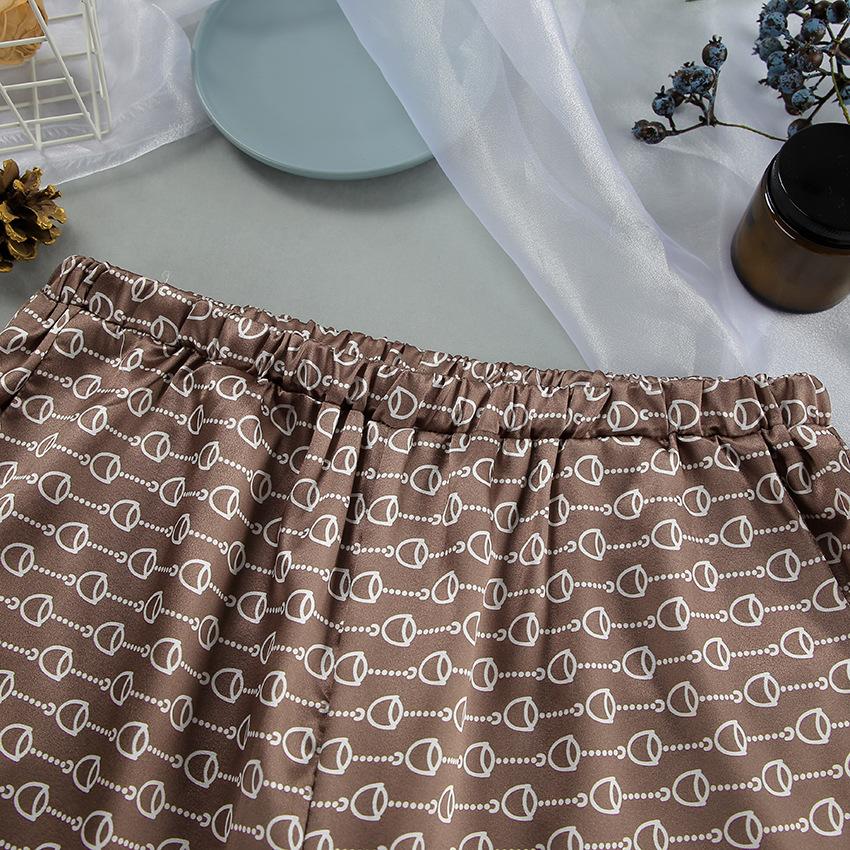 Autumn European Style Satin Print Pajamas Set Women's Loose Homewear Cardigan Robe Long Pants Cool Feel Nightwear For Casual Outing