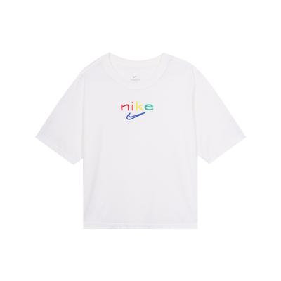 Schnelltrocknendes, locker sitzendes, sportliches T-Shirt aus Strick mit Regenbogen-Logostickerei für Damen, Oberteile, Weiß, DD2849-100