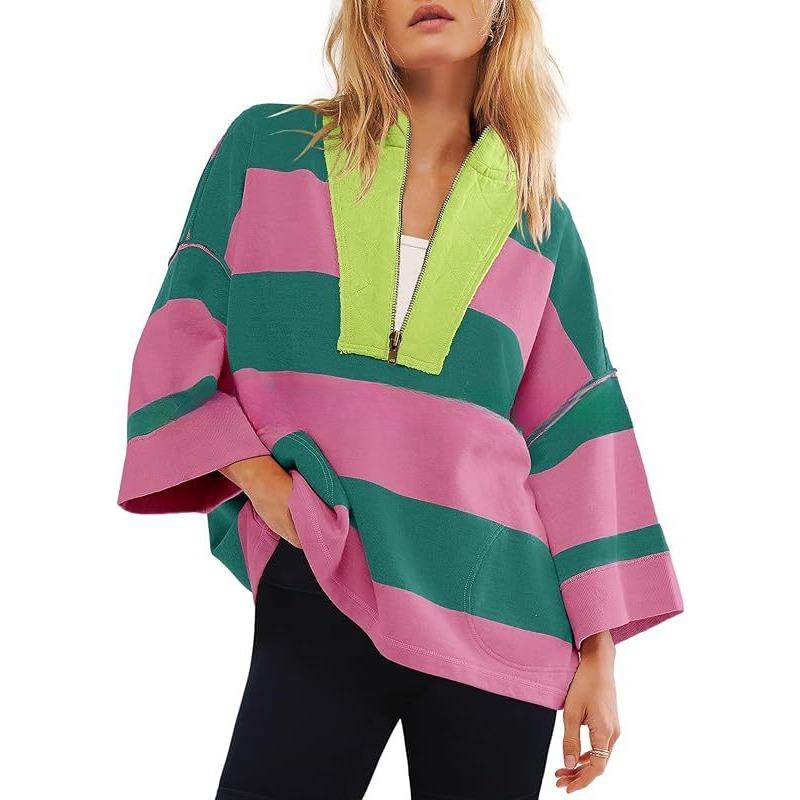Women's Oversized Striped Shirt Half Zip Sweatshirt Patchwork V Neck Top Casual Loose Pullover