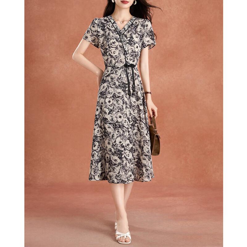 Elegant Rose Print Summer A-Line Midi Dress 3XL