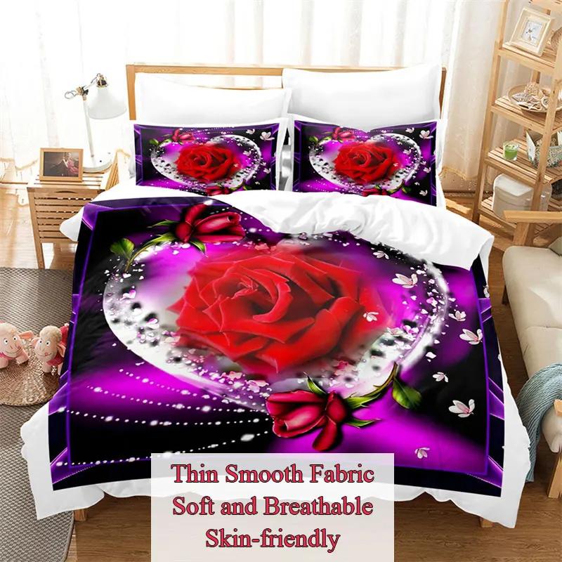 Red Rose Duvet Cover Set Full Size Floral Quilt Cover with Pillow Case 180x210 260x220 Queen Twin for Single Couple Bed Soft