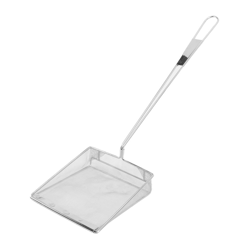 Schiumarola quadrata a maglia fine in acciaio inossidabile, cucchiaio colino per alimenti con manico lungo per hamburger