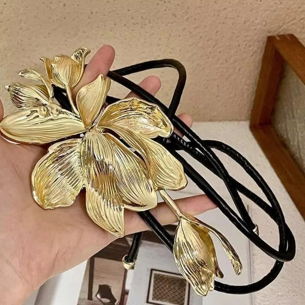 Black Leather Rope Flower Belt Metal Body Chain Waist Link Exaggerated Waist Chain  Women