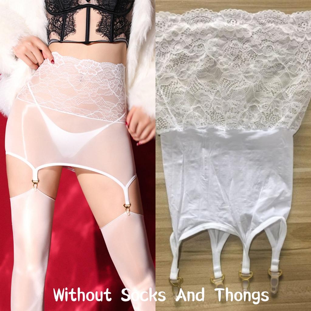 2 In 1 Lace Transparent Mini Skirt With Socks Clips Oil Shiny Hip Wrap Garter Belt Dress Sexy Lingerie Clubwear For Stockings