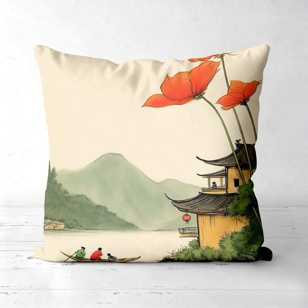 Chinese Style Pillow Covers With Traditional Scenes Polyester Pillowcase, Sofa Decorative Cushion Cov Headboard Pillow