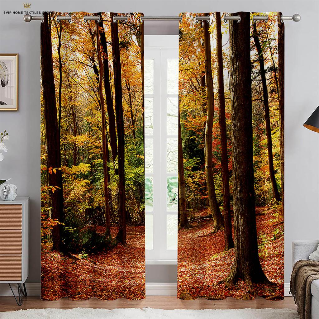 Autumn Forest Scenery Curtains, 3D Printed Curtains, Pastoral Style, Polyester Fiber, Bedroom, Living Room Decoration, 2 Pcs